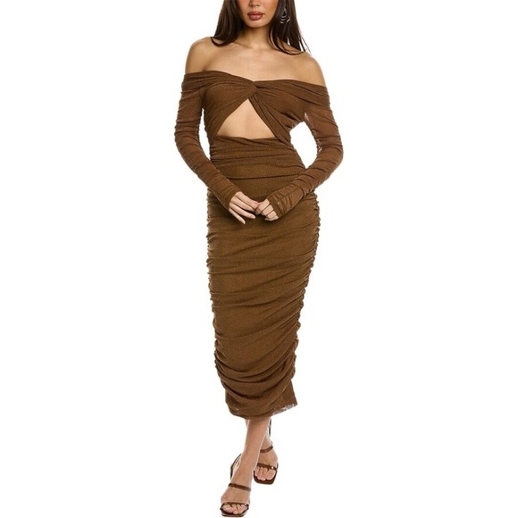 NWT Misha Collection Becca Midi Dress Off Shoulder Long Sleeve Toffee Brown S - Picture 1 of 2